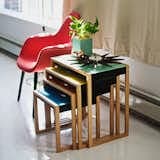 A modern reproduction of a 1926 set of tables, these nesting tables show Josef Albers’s mastery of color. The set was originally built for the Moellenhoff family in Berlin, Germany. Although their home was destroyed in the war, this piece, along with many others, was saved and brought to the United States prior to the outbreak of World War II.