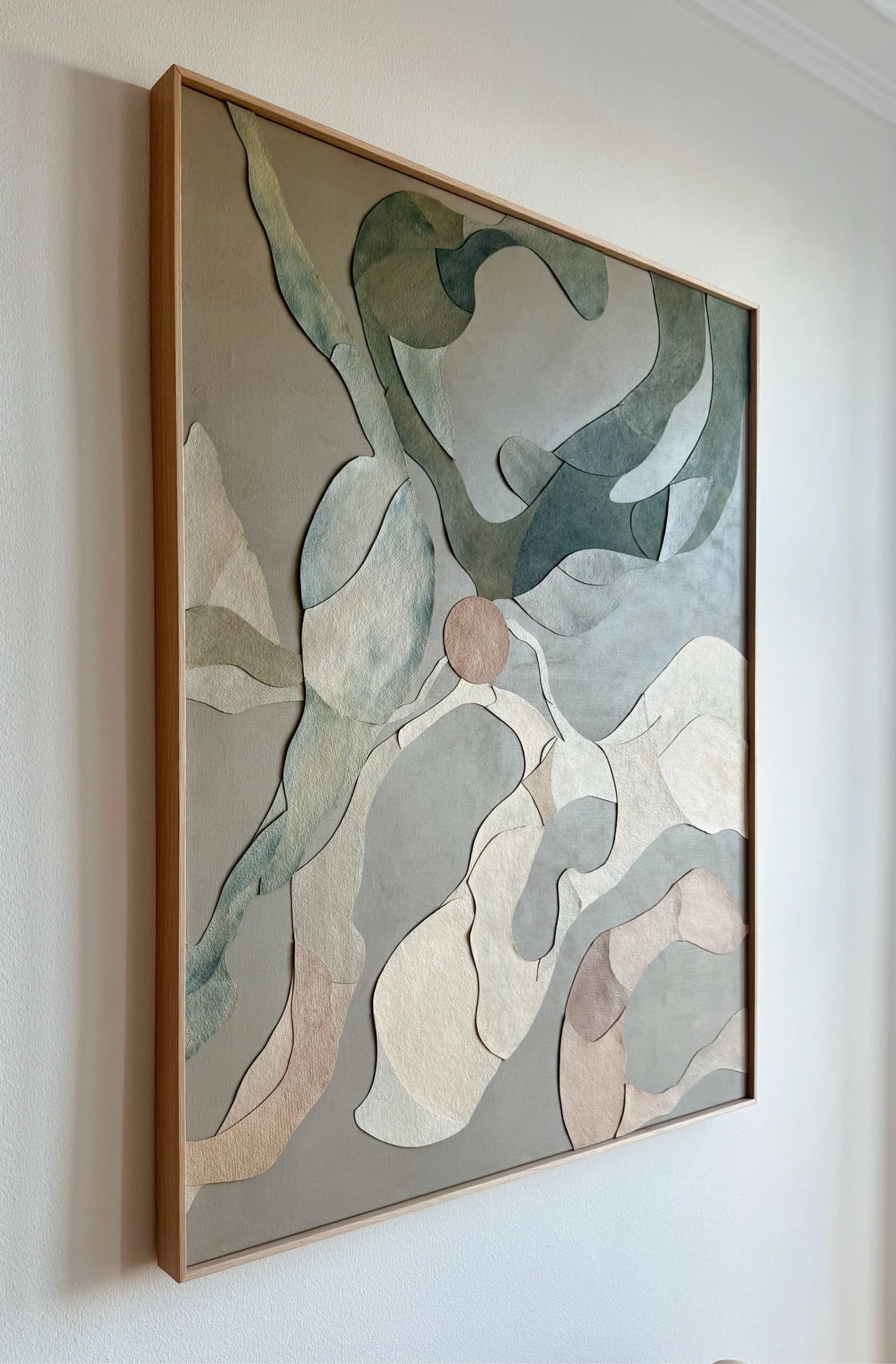 'Who are you? II' (97x122 cm) Painted cotton papers on linen canvas Bespoke oak frame