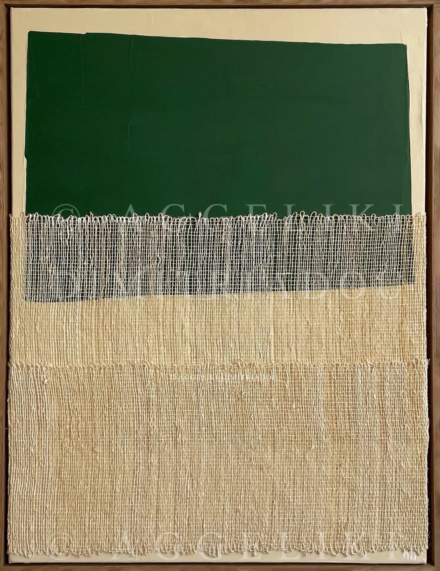 Mixed media abstract painting from the "Polymorphism" series by Aggeliki Dimitriadou. Features a green acrylic color field contrasted with two layers of hand-woven natural hemp weaving on canvas.
