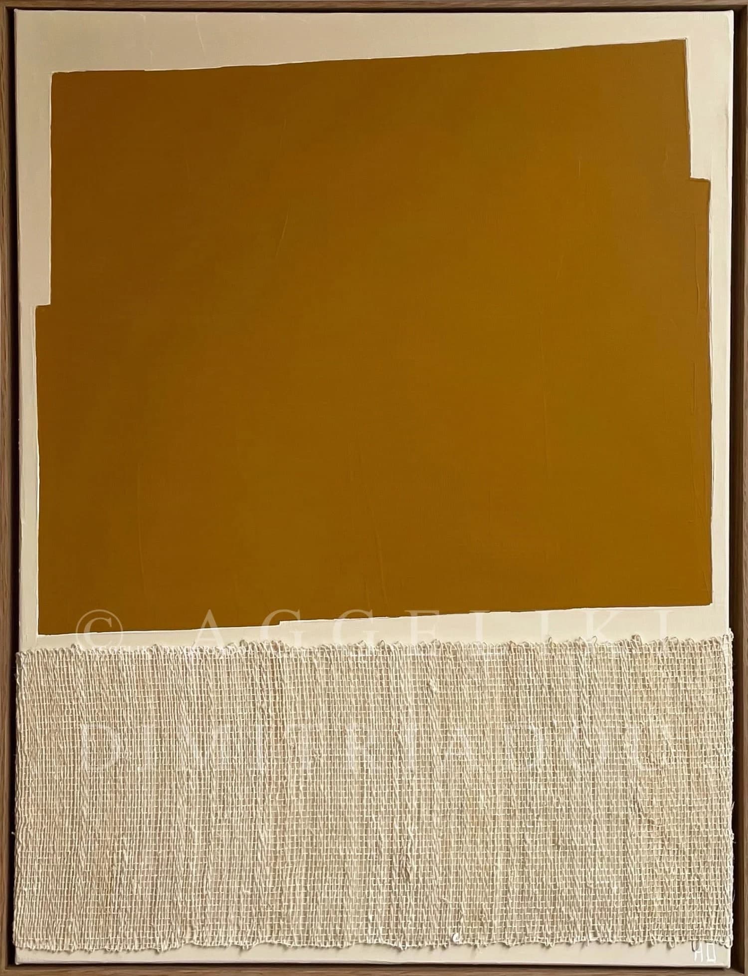 Mixed media abstract painting from the "Polymorphism" series by Aggeliki Dimitriadou. Features a green acrylic color field contrasted with two layers of hand-woven natural hemp weaving on canvas.