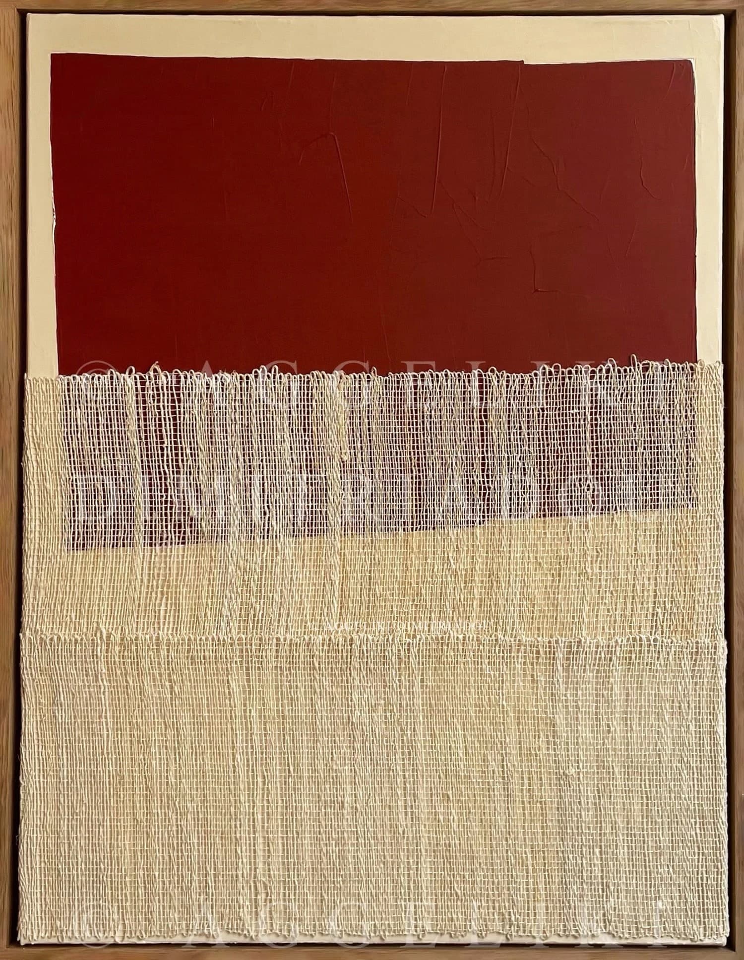 Mixed media abstract painting from the "Polymorphism" series by Aggeliki Dimitriadou. Features a red acrylic color field contrasted with two layers of hand-woven natural hemp weaving on canvas.