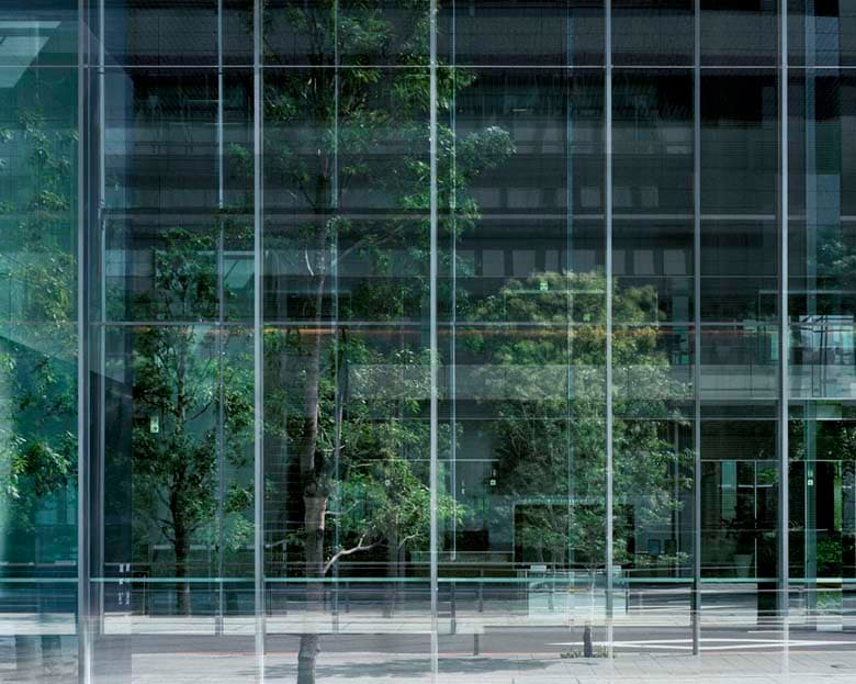 Reflections-with upright greenery, 2009: glazing and trees layered across a building facade