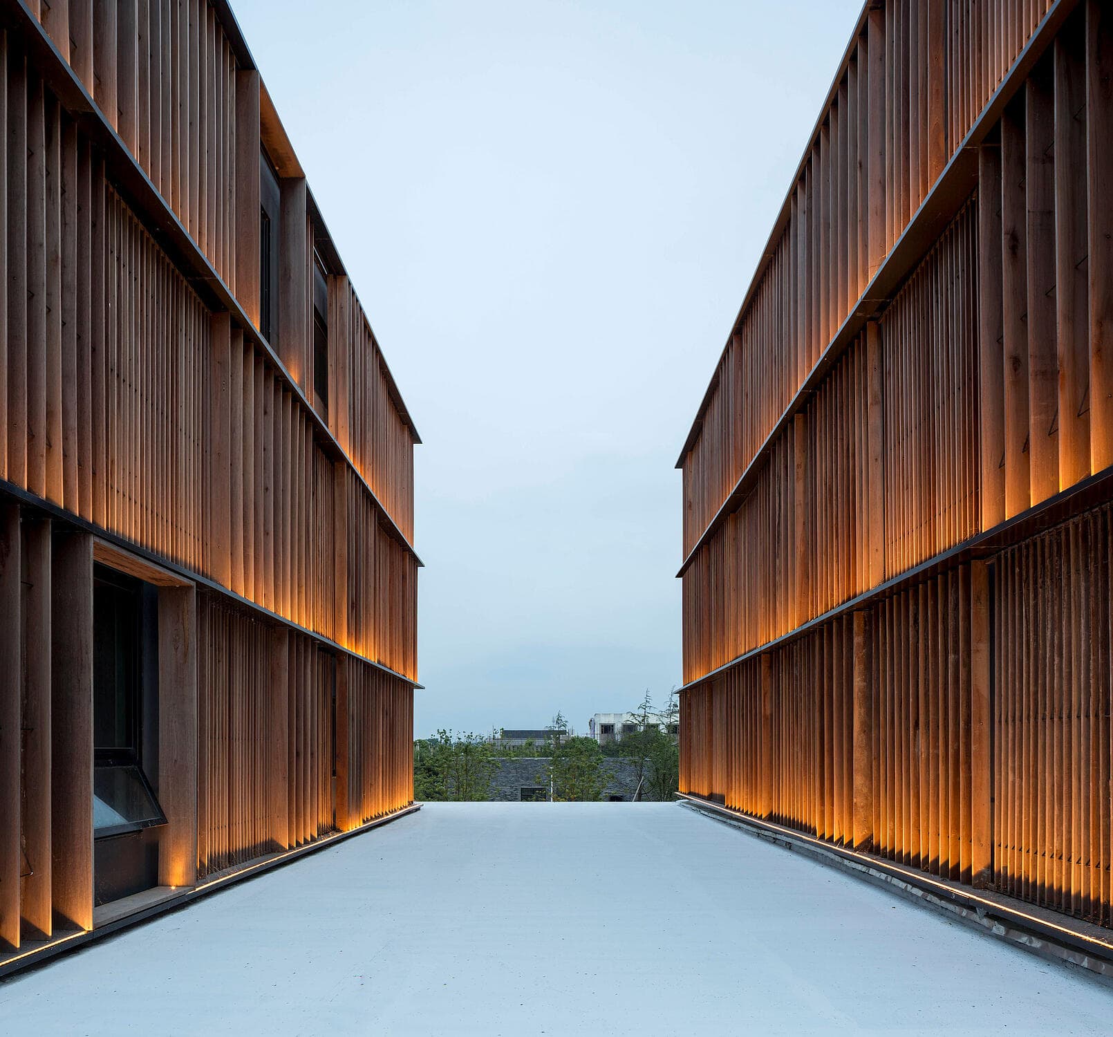 Sangha Village, Suzhou (completed September 2016): illuminated timber-screened passage