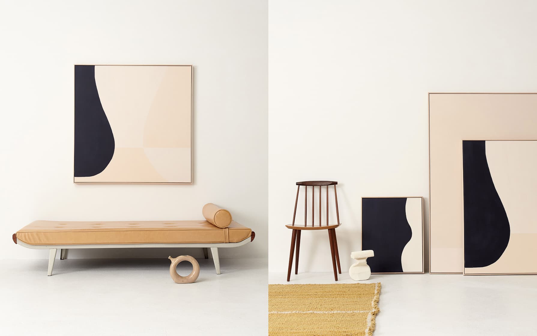A two-view composition of Caroline Walls’ Over in Love paintings, photographed by Amorfo