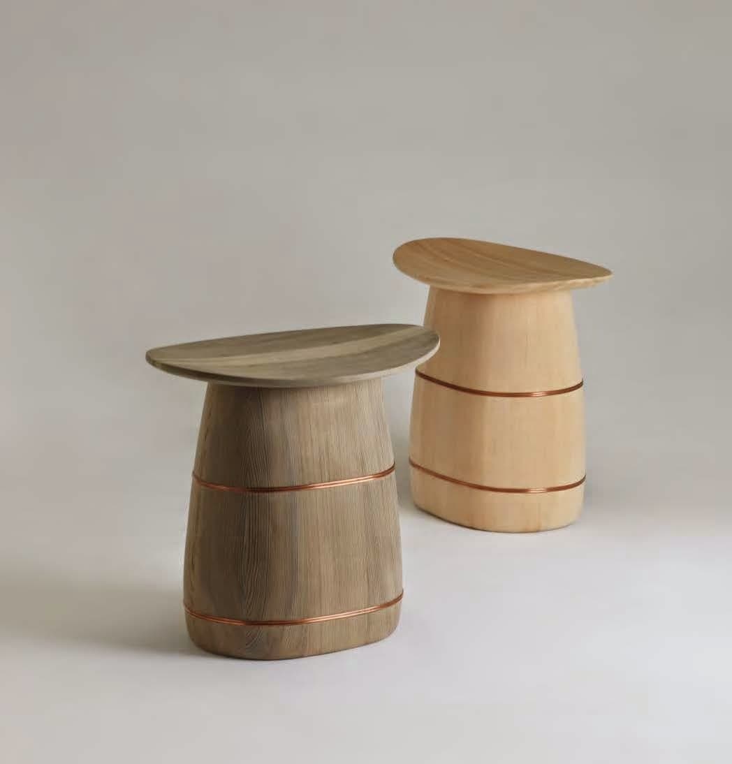 Ki-oke stools designed by OEO, made by Shuji Nakagawa — pale and dark wood versions
