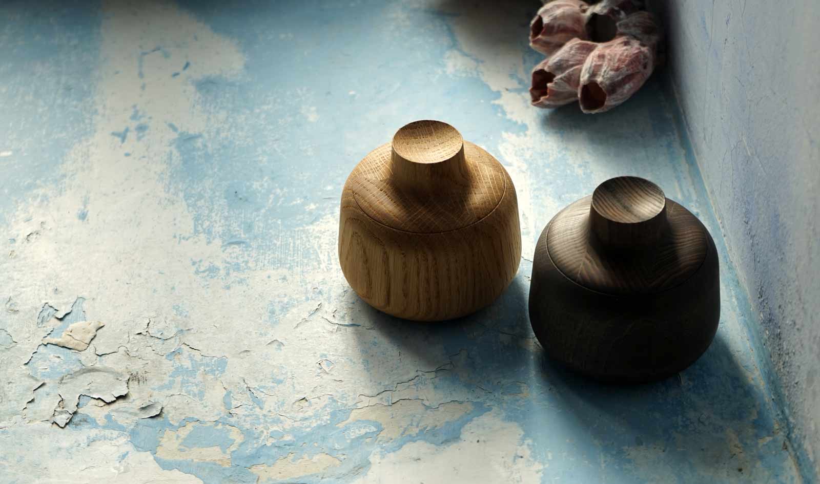 Bloom container pair on a blue ledge, Athanasios Babalis for Shibui (2019 design)