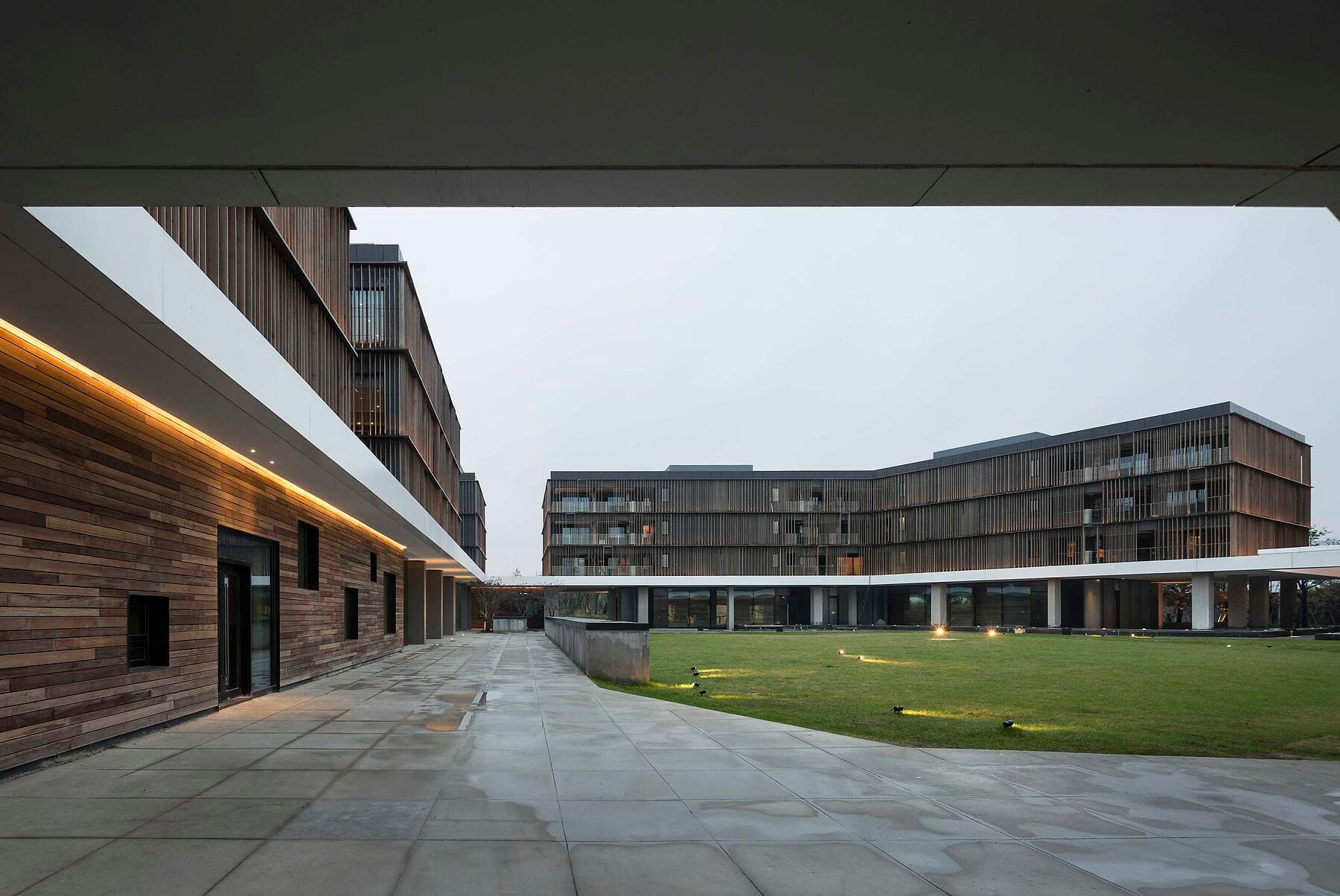 Sangha Village, Suzhou (completed September 2016): courtyard and continuous white canopy