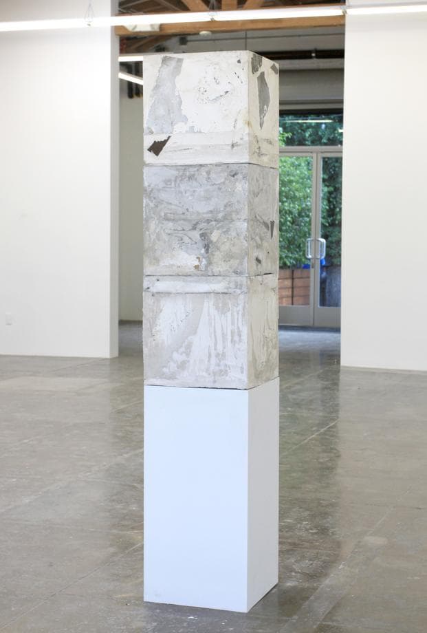Ryan Wallace, Triple Crostic 1, 2014 / Statuary Hydrocal and concrete with enamel, acrylic, crystalina, glass powder, pigment, cold wax, glass film, tape, and vinyl / 45 x 15 x 15 inches