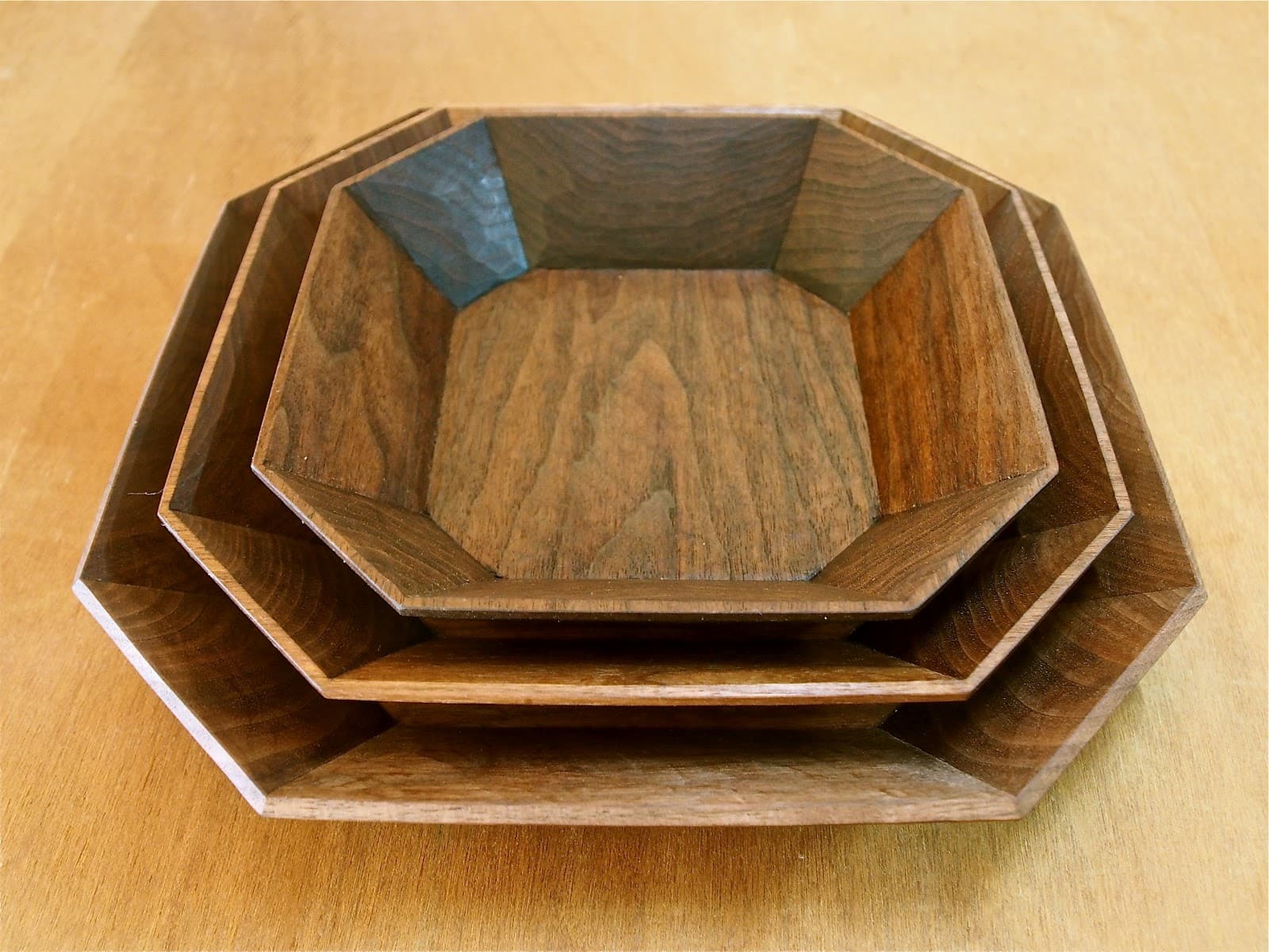 Yoshiyuki Kato: octagonal wooden dishes, documentedJune2012.