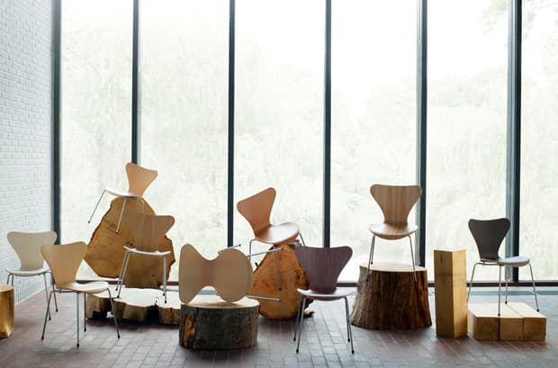 Series7 and Ant chairs displayed with timber sections.