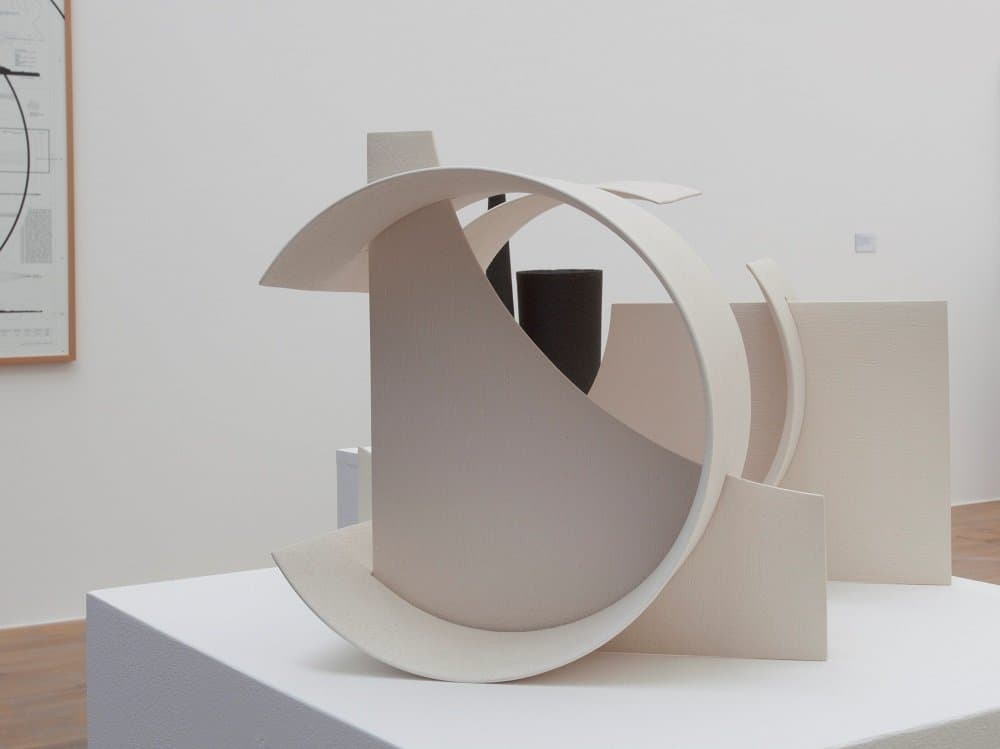 Susan Phillips, geometric porcelain sculpture at Mostyn Open 19, 2015.
