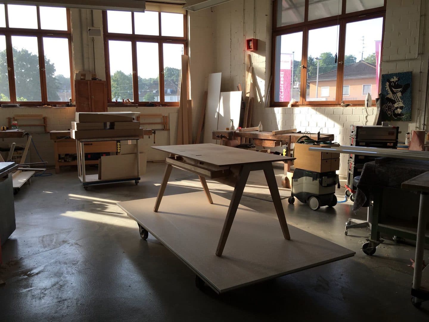 The assembled Opendesk workstation in Möbel Herten’s workshop