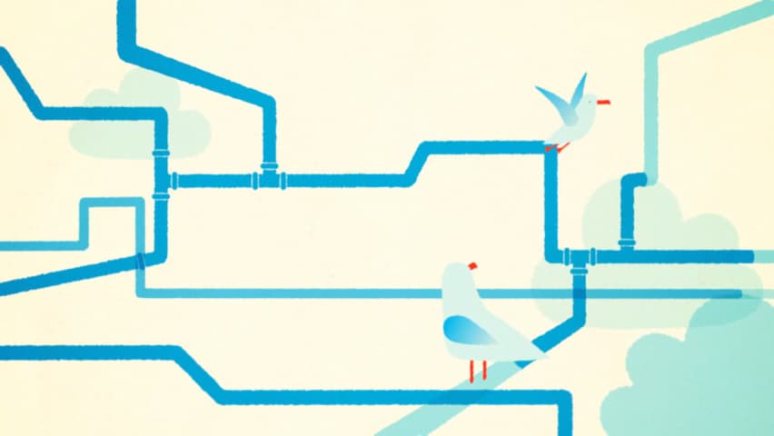 Two illustrated birds perched among blue water pipes against a pale sky.