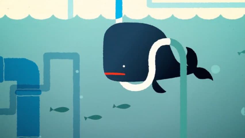 Illustrated whale swimming among blue water pipes and small fish.