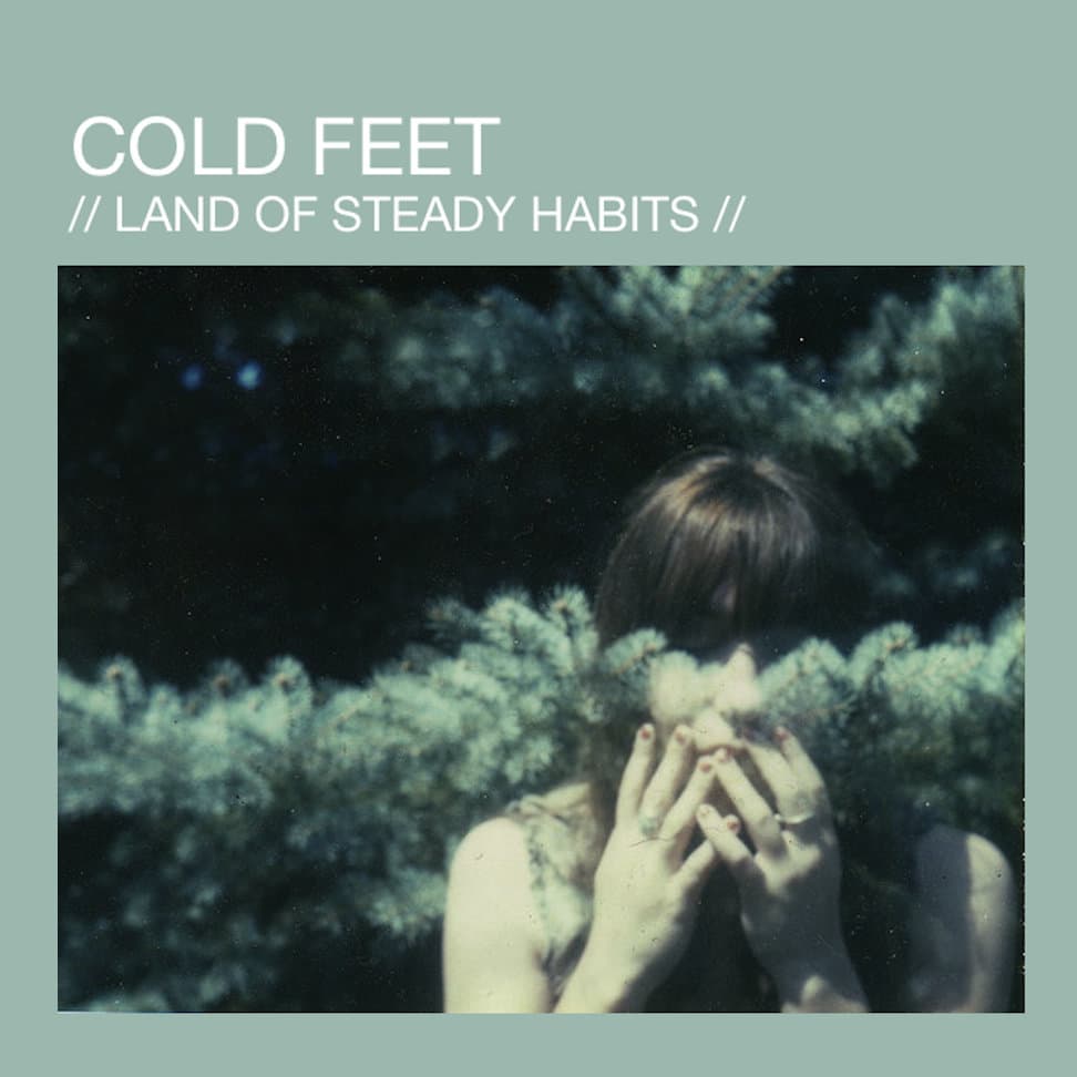 The Cold Feet album cover has a pale green border and title above a faded double-exposure portrait layered with foliage.