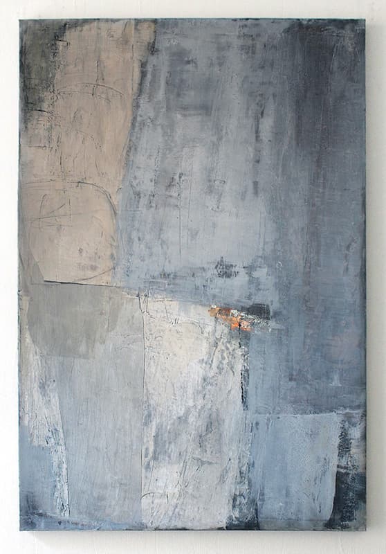 Sabrina Garrasi’s Maybe, after all..., pale blue and gray mixed-media painting with textured rectangular compartments.