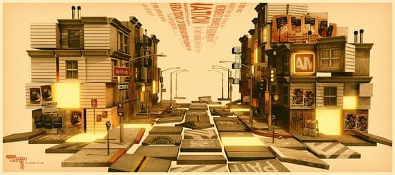 Alex Varanese’s Urban Cartography composition of fractured city buildings, pavement, street furniture and typography.