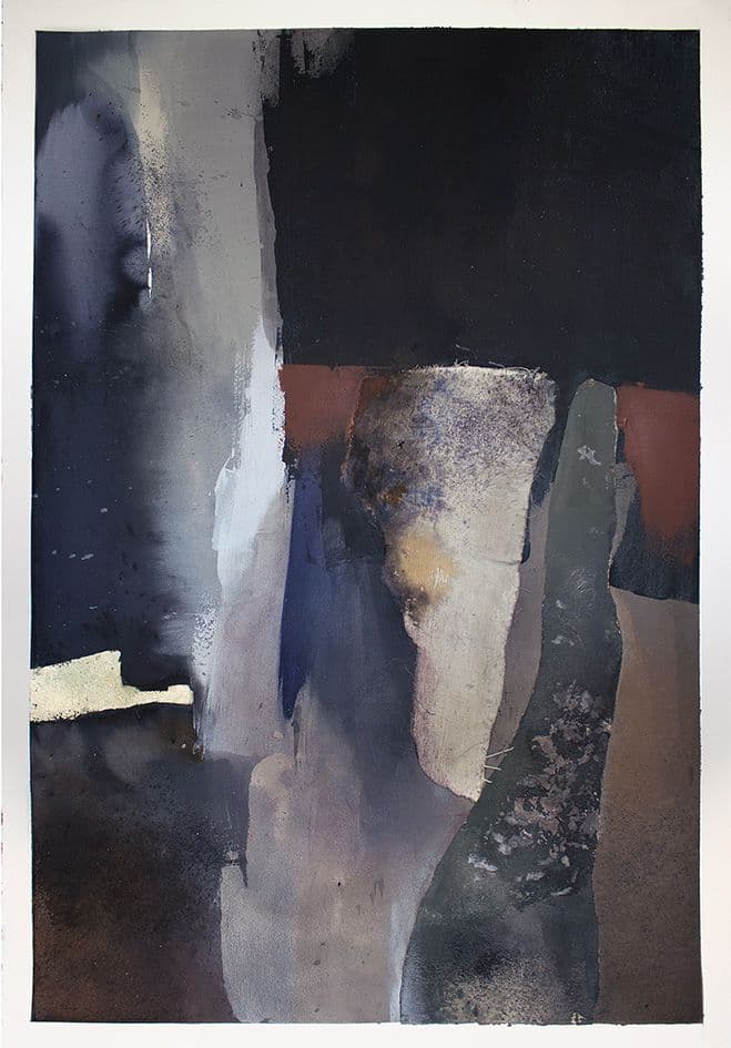 Dark geometric mixed-media composition by Sabrina Garrasi, with pale vertical washes and layered muted shapes.