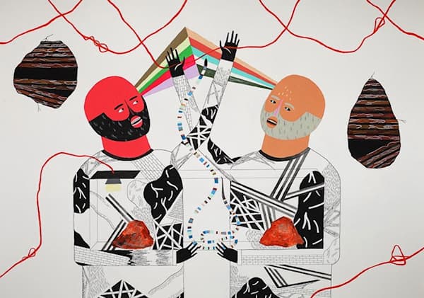The Escape (2010), two flat patterned figures under intersecting red lines, by Benjamin Edmiston.