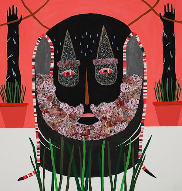 Holding the Rope (2010), a red and black decorative face with raised arms and rope, by Benjamin Edmiston.