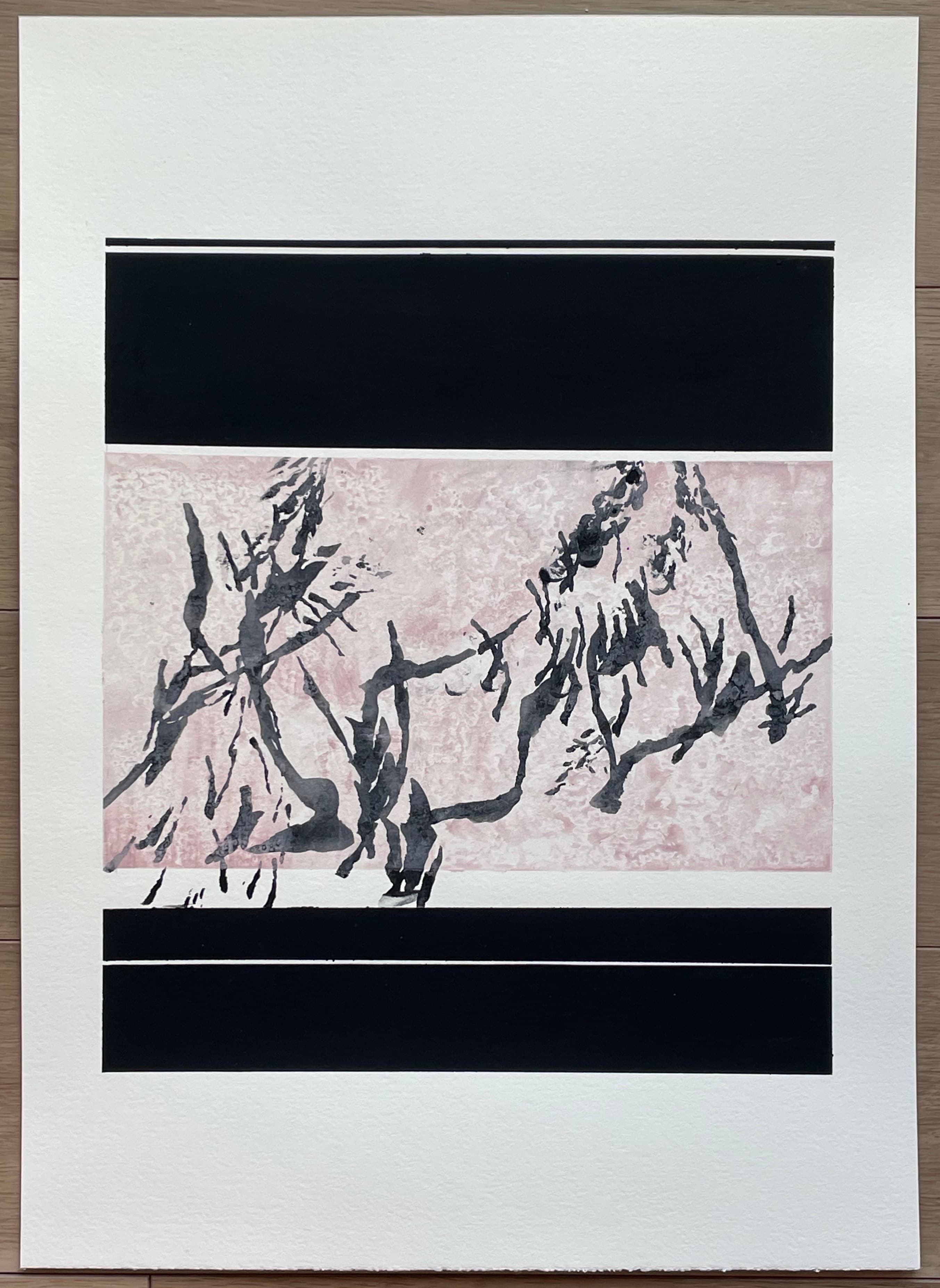 A complete mixed-media work on paper from Dominique Lutringer’s Chochikukyo series, with dark architectural bands and muted tones.