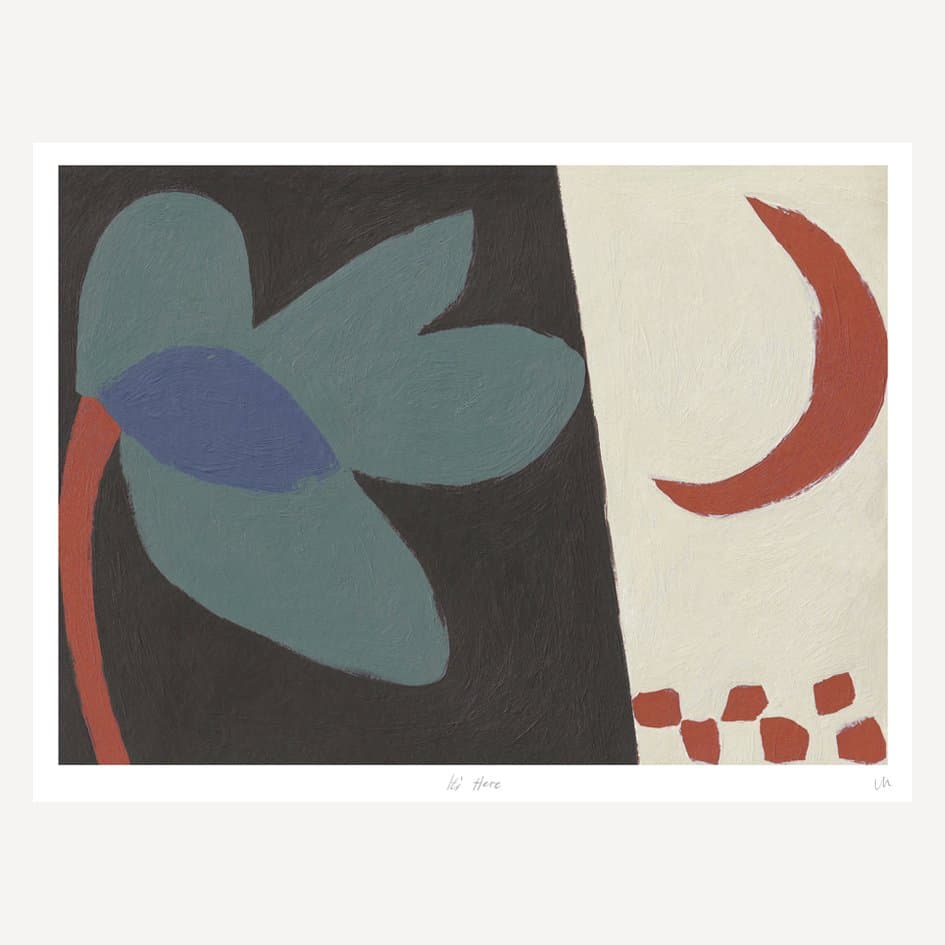 Muted green, blue and rust organic forms on a dark and pale field, with the complete print border.