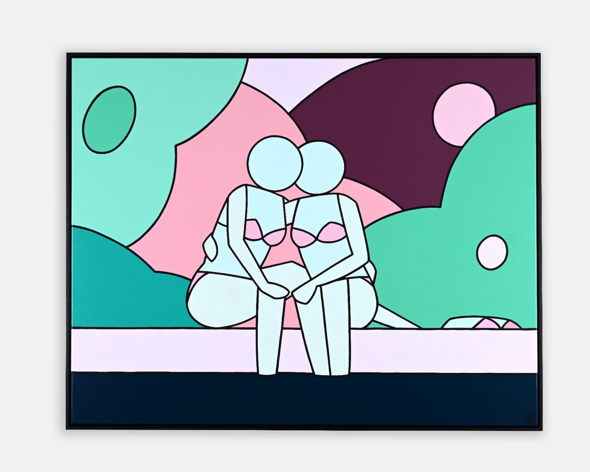 Framed Stephen Baker painting of two seated stylised figures among large turquoise, pink and plum flower forms.