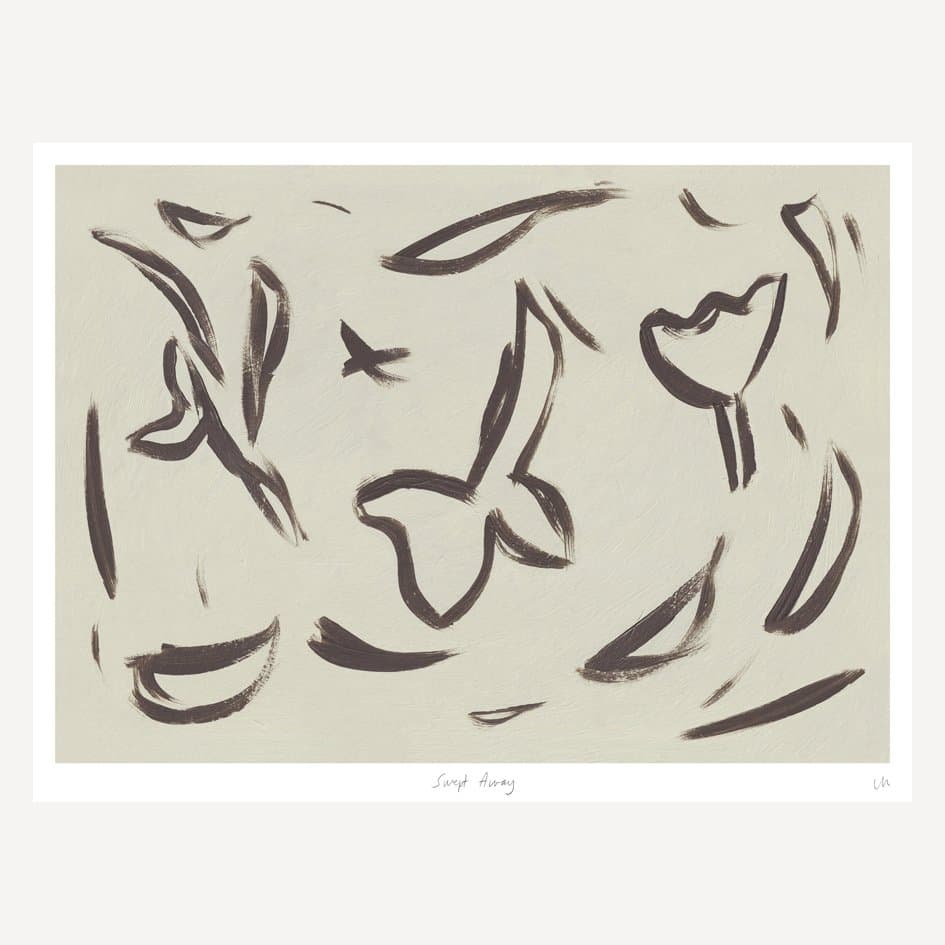 Loose dark curving and swooping brush shapes on a pale textured ground, with the complete print border.