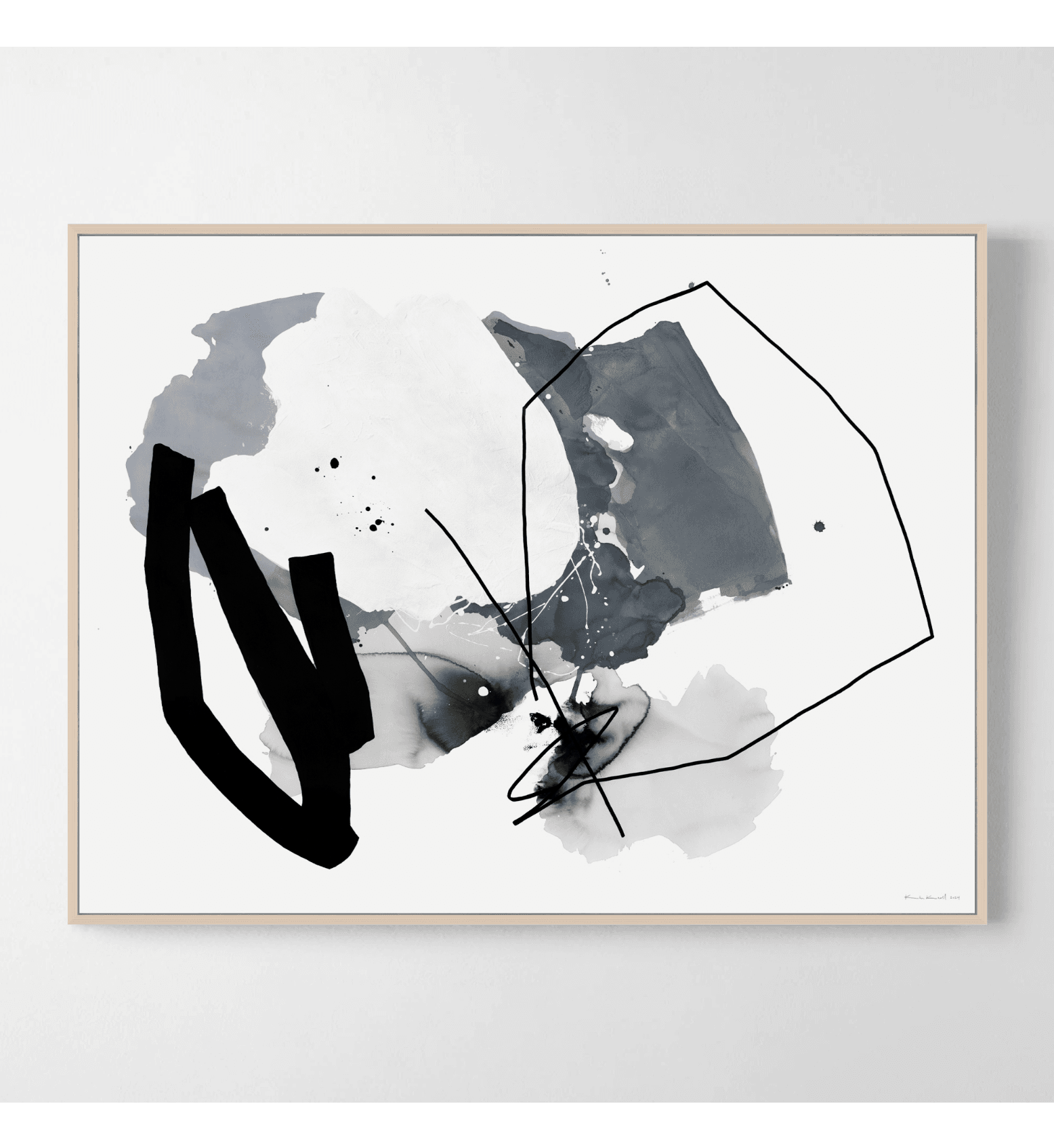 Framed abstract work by Kim Knoll with grey-blue washes, white layers, and fine and broad black lines.