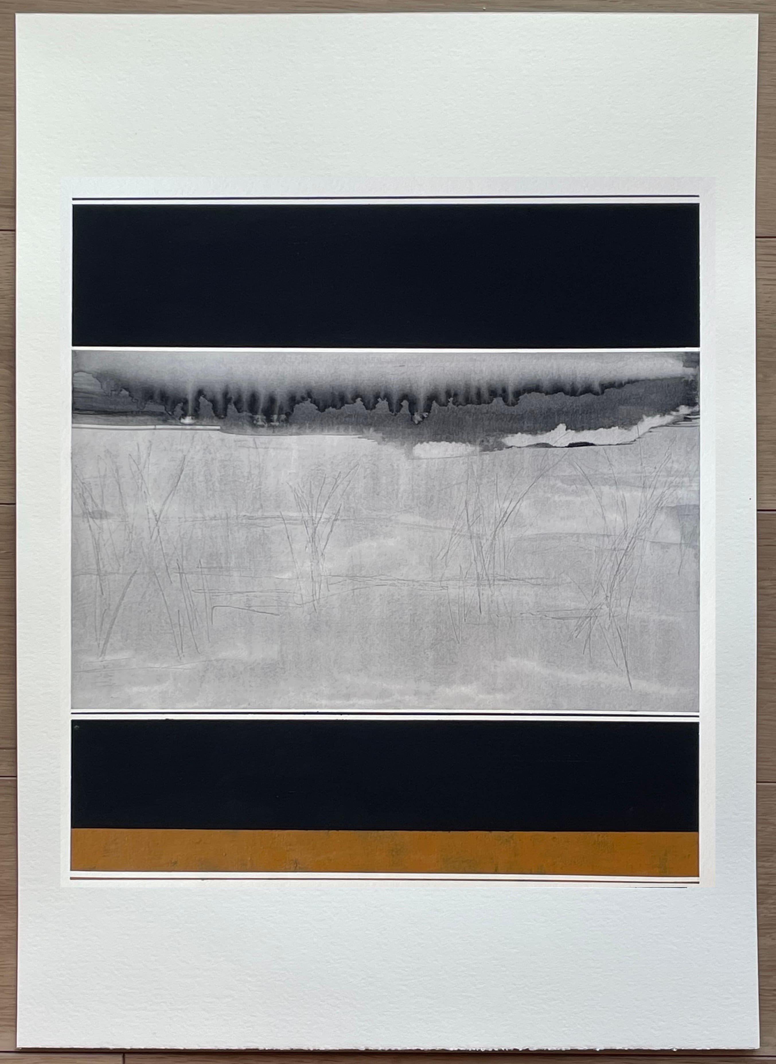 A complete mixed-media work on paper from Dominique Lutringer’s Chochikukyo series, with dark architectural bands and muted tones.