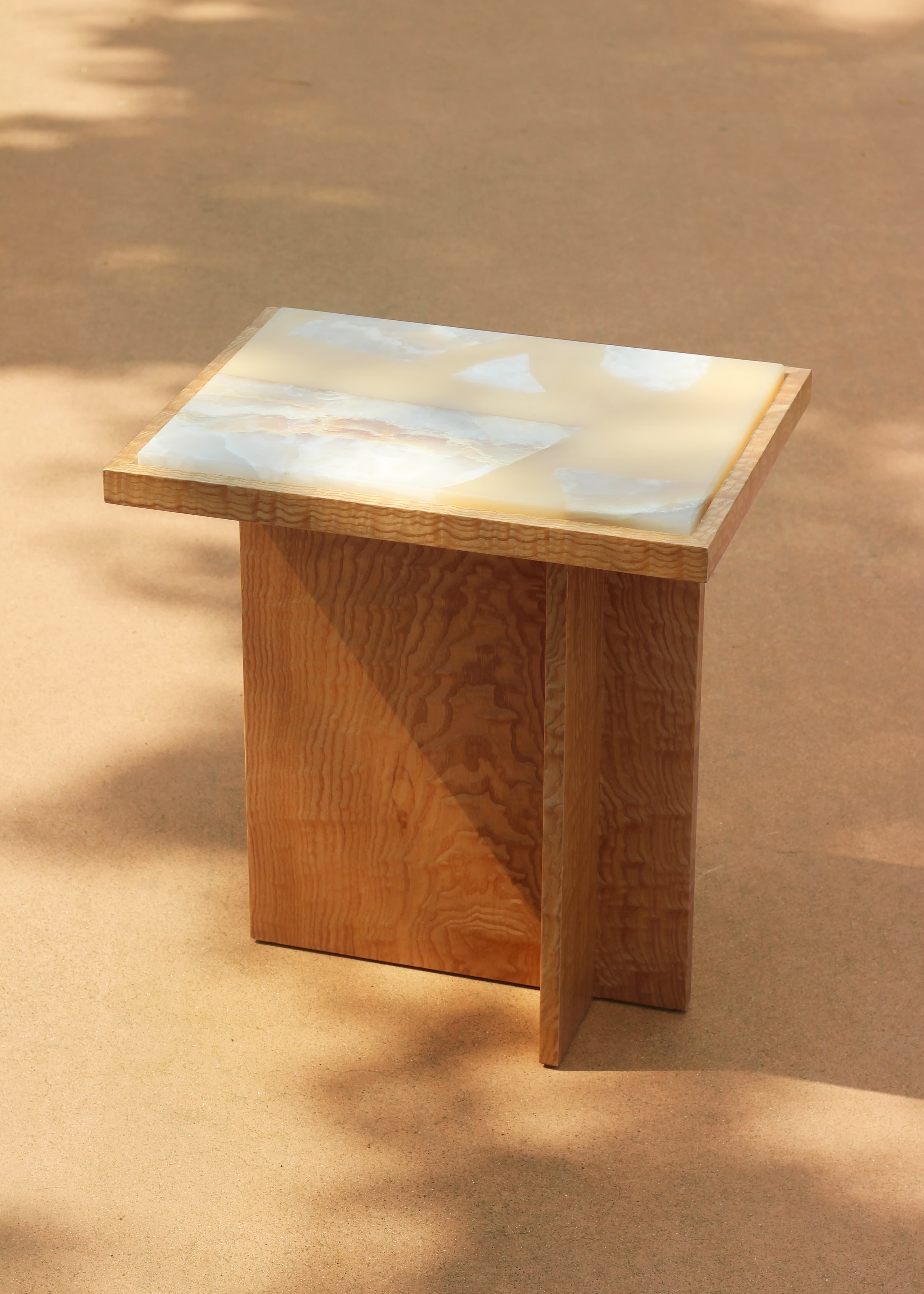 Fragment series side table with marble-and-resin top and wood base, FICT Studio (2019)