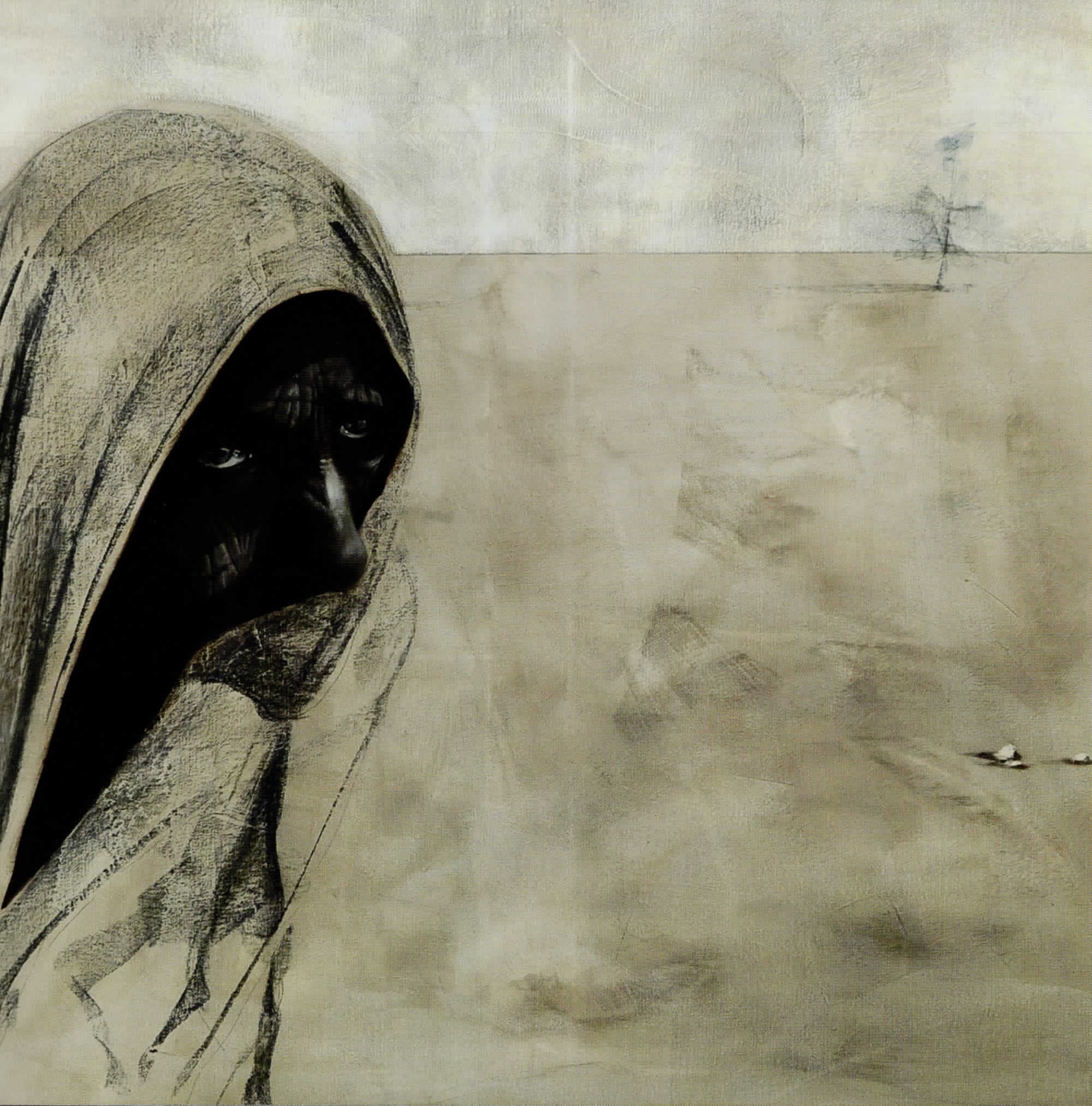 Fallen Angels: hooded painted figure, catalogue reproduction