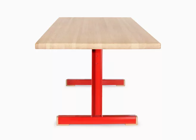 Christophe Gevers table reissued by Fathers Edition: pale wood top and red metal base