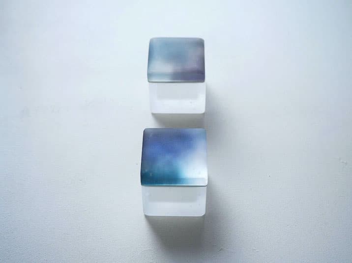 Two blue-lidded glass boxes by Rie Furukawa of matsurica