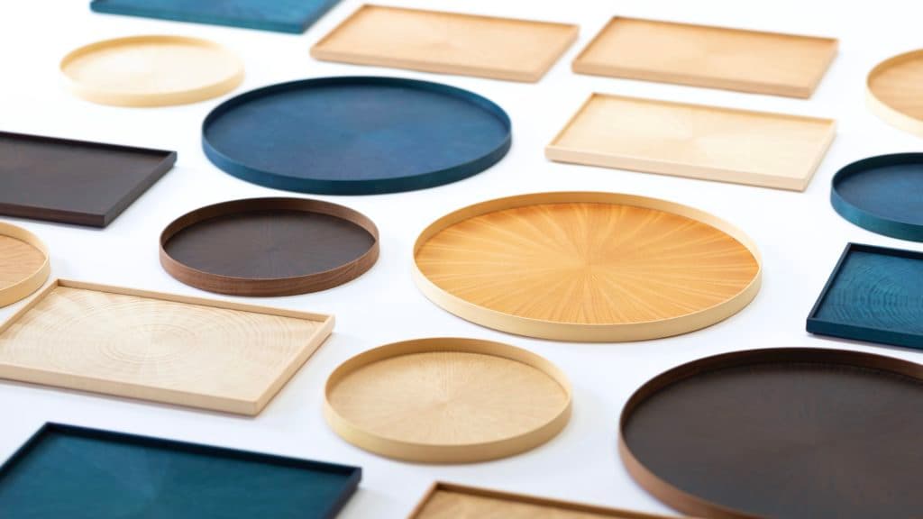 Mori Kougei circular and rectangular veneer trays, including indigo-dyed examples