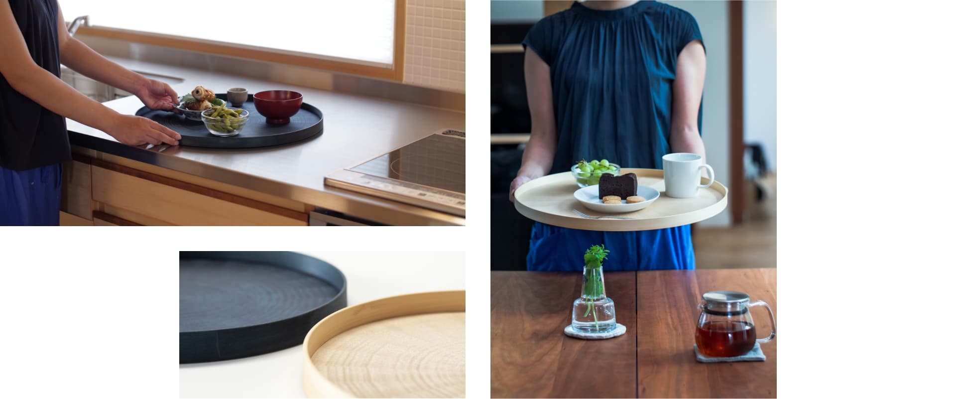 Mori Kougei round trays in use, with natural and dark blue veneer details; official composite
