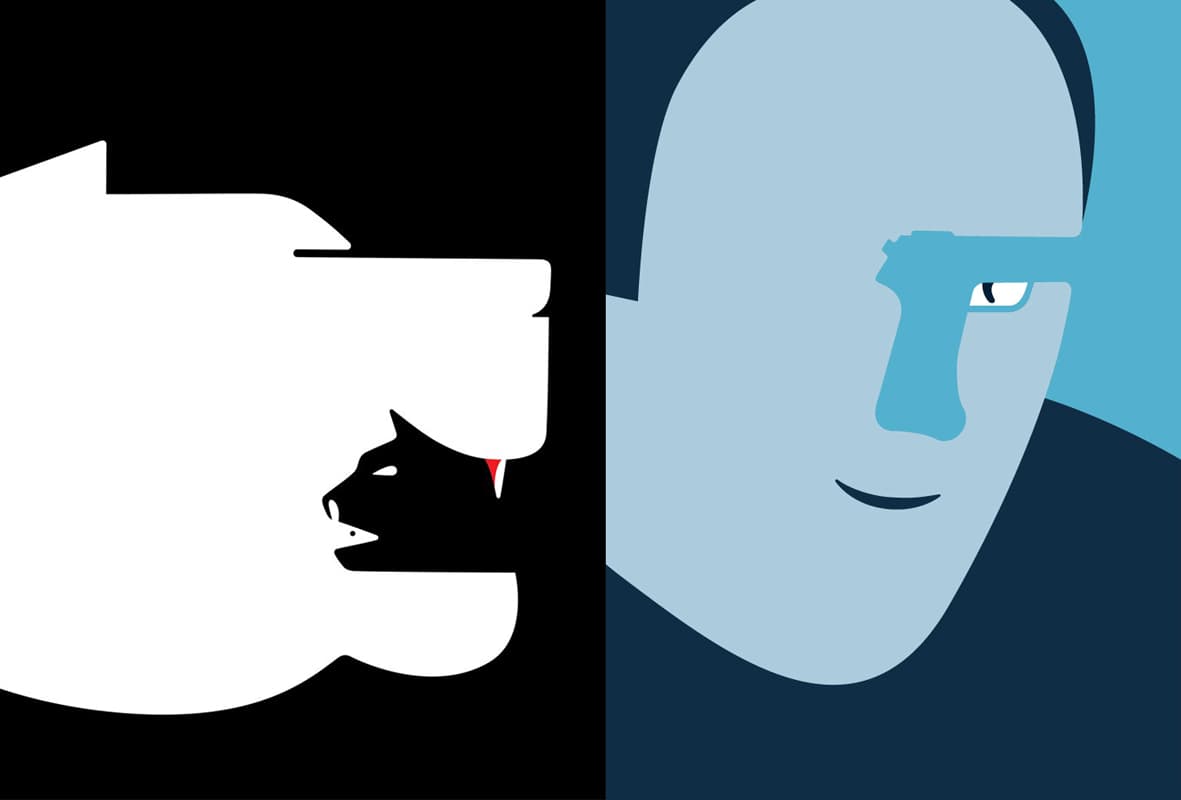 Two Noma Bar negative-space illustrations combine animal profiles on the left and a blue face with a pistol-shaped eye on the right.