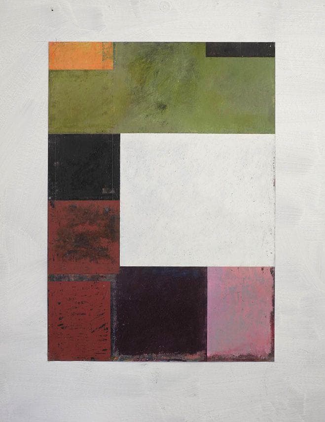 Abstract painting with olive, white, red, purple and pink rectangles by Gerry Keon.