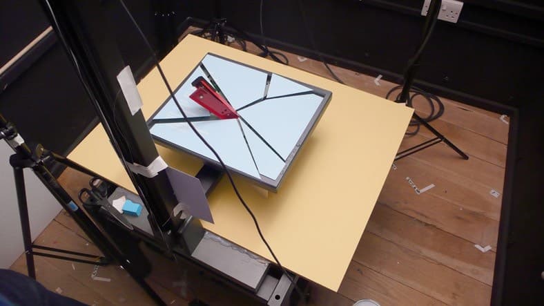 Production photograph for I Am Not An Artist by Johnny Kelly and Matthew Cooper: stapler animation setup.