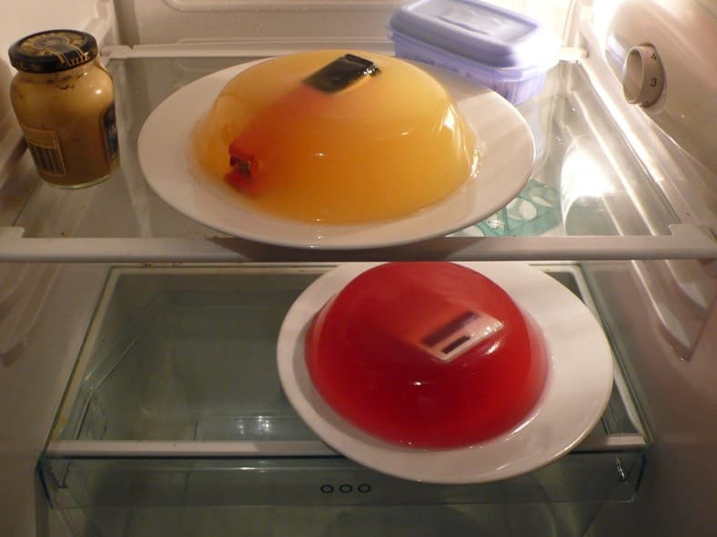 Production photograph for I Am Not An Artist by Johnny Kelly and Matthew Cooper: objects suspended in jelly.