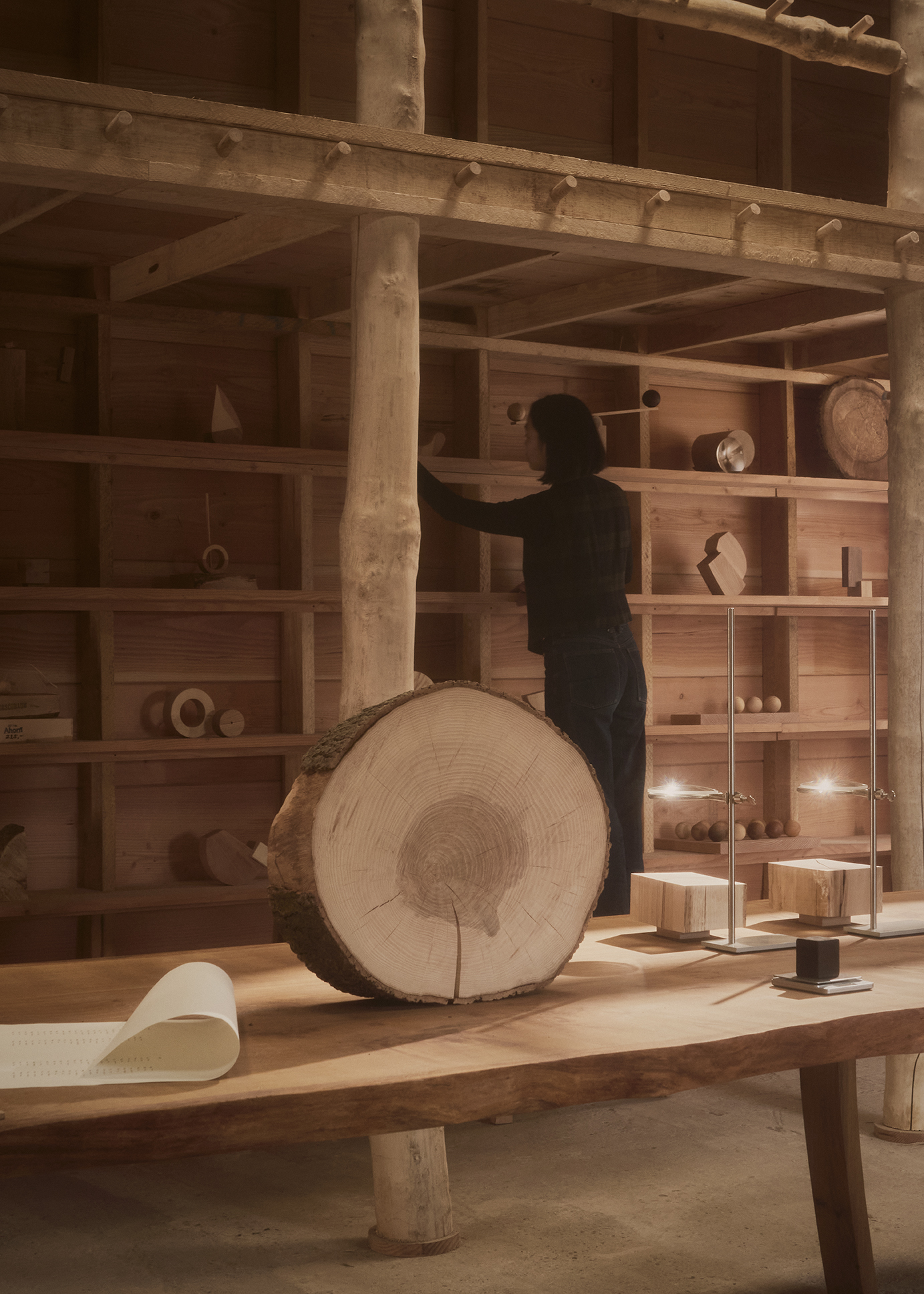 Material studies and objects from Weight of Wood in the workshop.